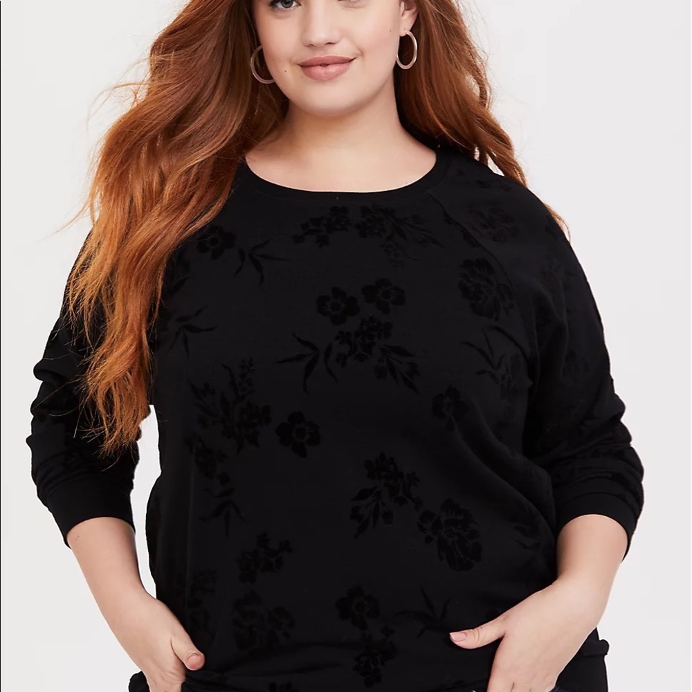 BLACK TERRY FLOCKED FLORAL SWEATSHIRT